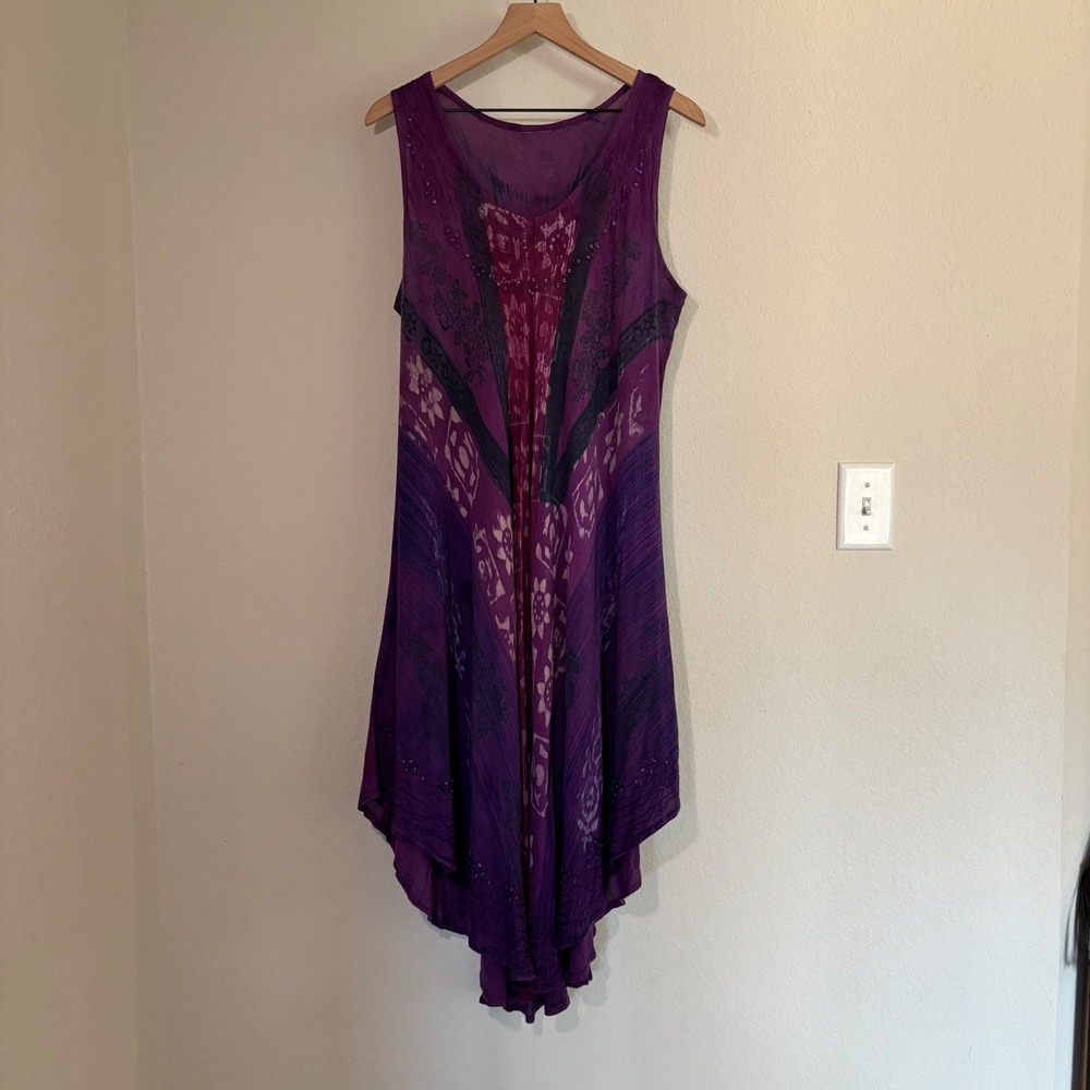 Midi Dress Batik Tie Dye XL Crinkle Beaded Purple Boho Festival